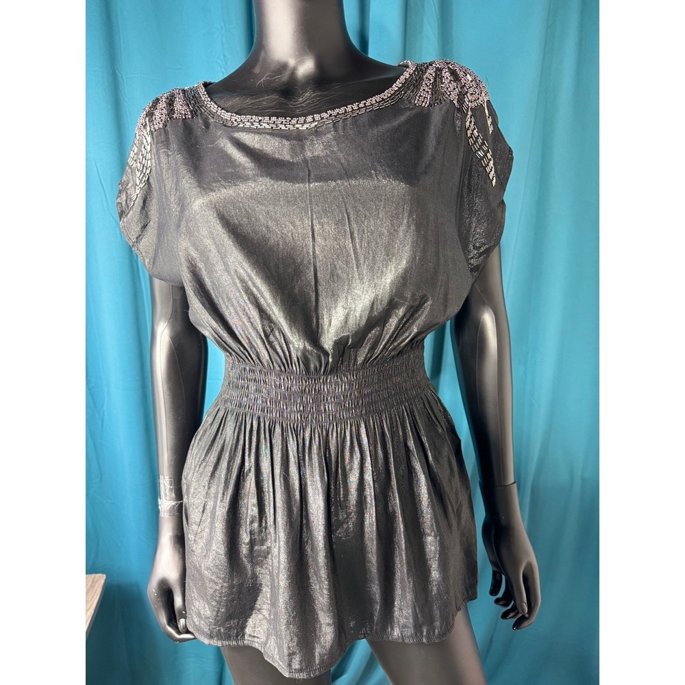 Solaris S Black Metallic Beaded Shoulder Top‎ Party Cocktail Blouse